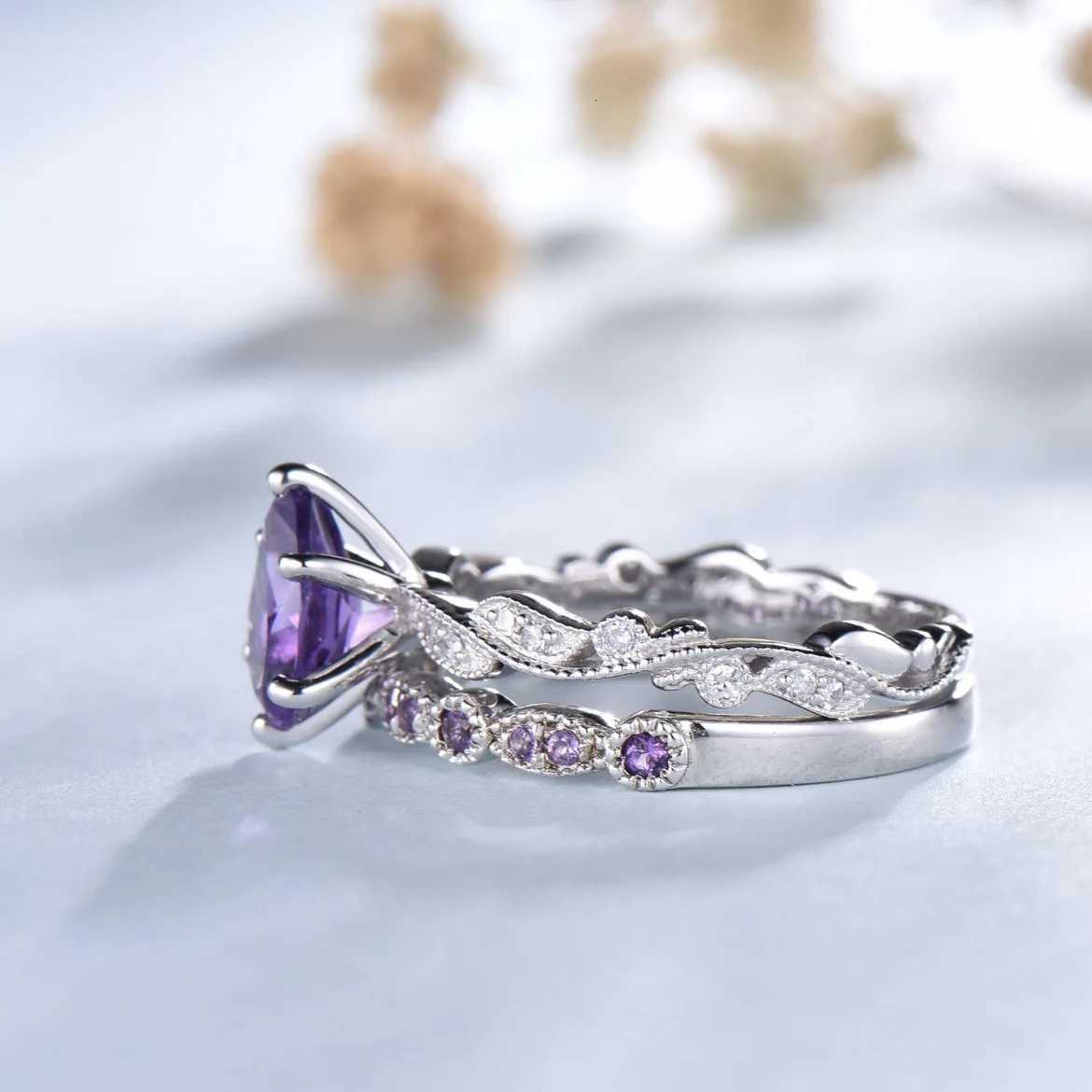 European And American Elegant Water Drop-Shaped Purple Stone Inlaid Double-Layer Womens Luxury Personalized Fashion Party Ring M251215