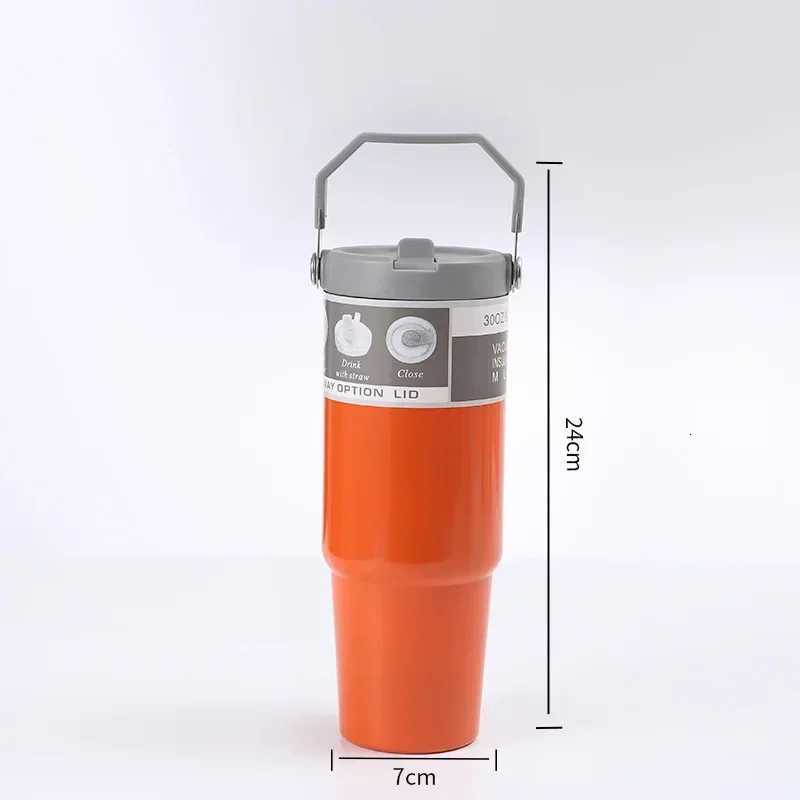Stainless Steel Thermos Cup with Straw Portable Car Cup Travel Sports Water Bottle Handle Cover Coffee Vacuum Flask 30oz H251215