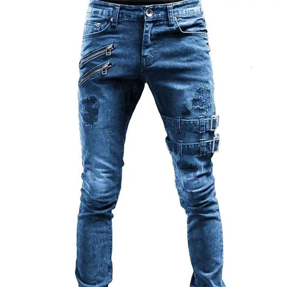 Men's Retro Moto Biker Straight Elastic Jeans Zipper Distress Hole Punk Skinny Denim Cargo Pants Streetwear Y2K Hombre Trousers C251215