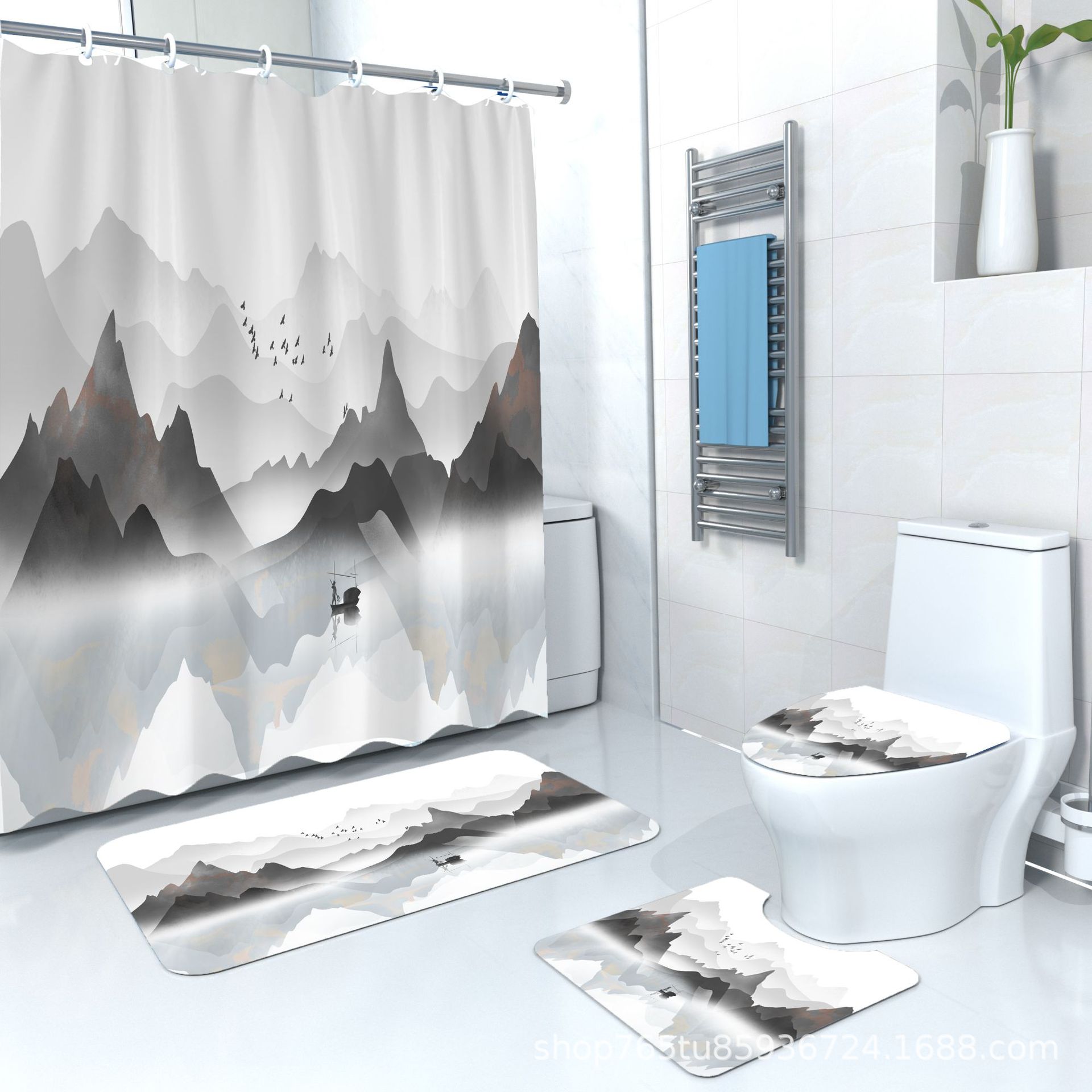 YL-37960 Eco-friendly Shower Curtain with Heat Transfer Printing, Waterproof, Comes with Hooks, Shower Curtain in Stock