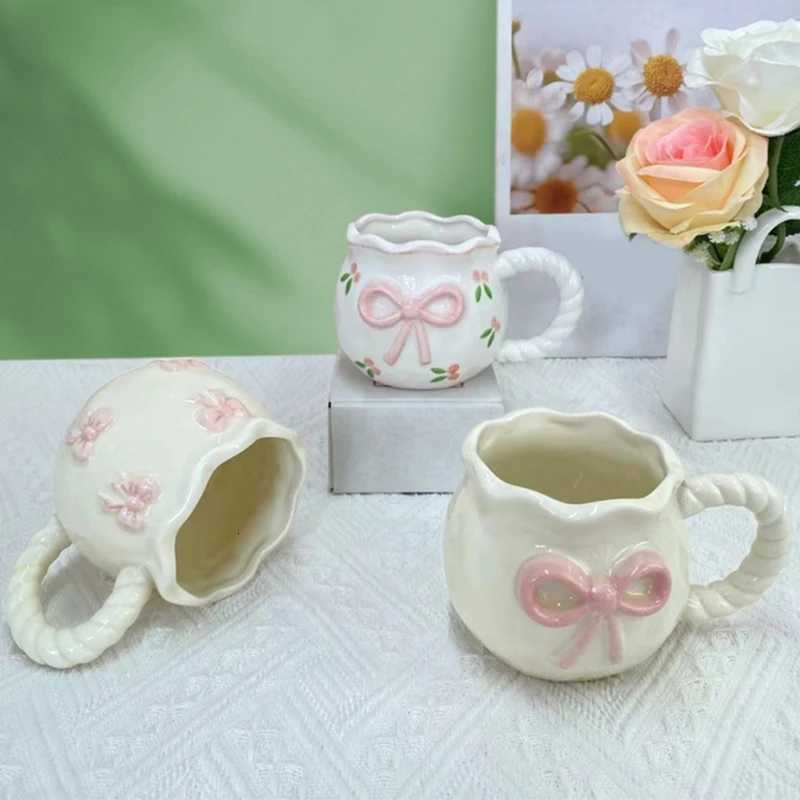 Ceramic Coffee Cup With Bows Pattern and Heat Resistant Finish Drinking g With Handle Drinkware for He Off Use H251215