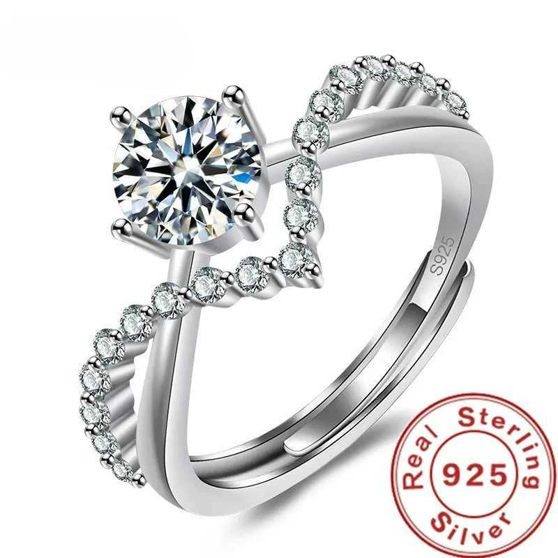 925 Sterling Silver Zircon Couple Ring Adjustable Open Heart-Shaped Men Women Eternal Wedding Anniversary Jewelry M251215