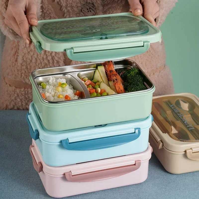 Portable Lunch Box Stainless Steel Bento Box Microwave Lunch box with Fork and Spoon Tableware Picnic Food Containers Dinnerware H251213
