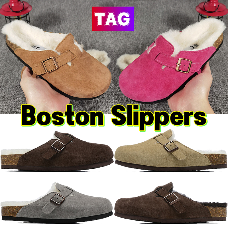Hot Germany Slippers Mens Womens Fur Boston Shearling Suede Clogs Slide Fashion Luxury Men Ladies Soft Footbed Leather Clogs Slipper Favourite Winter Sandals
