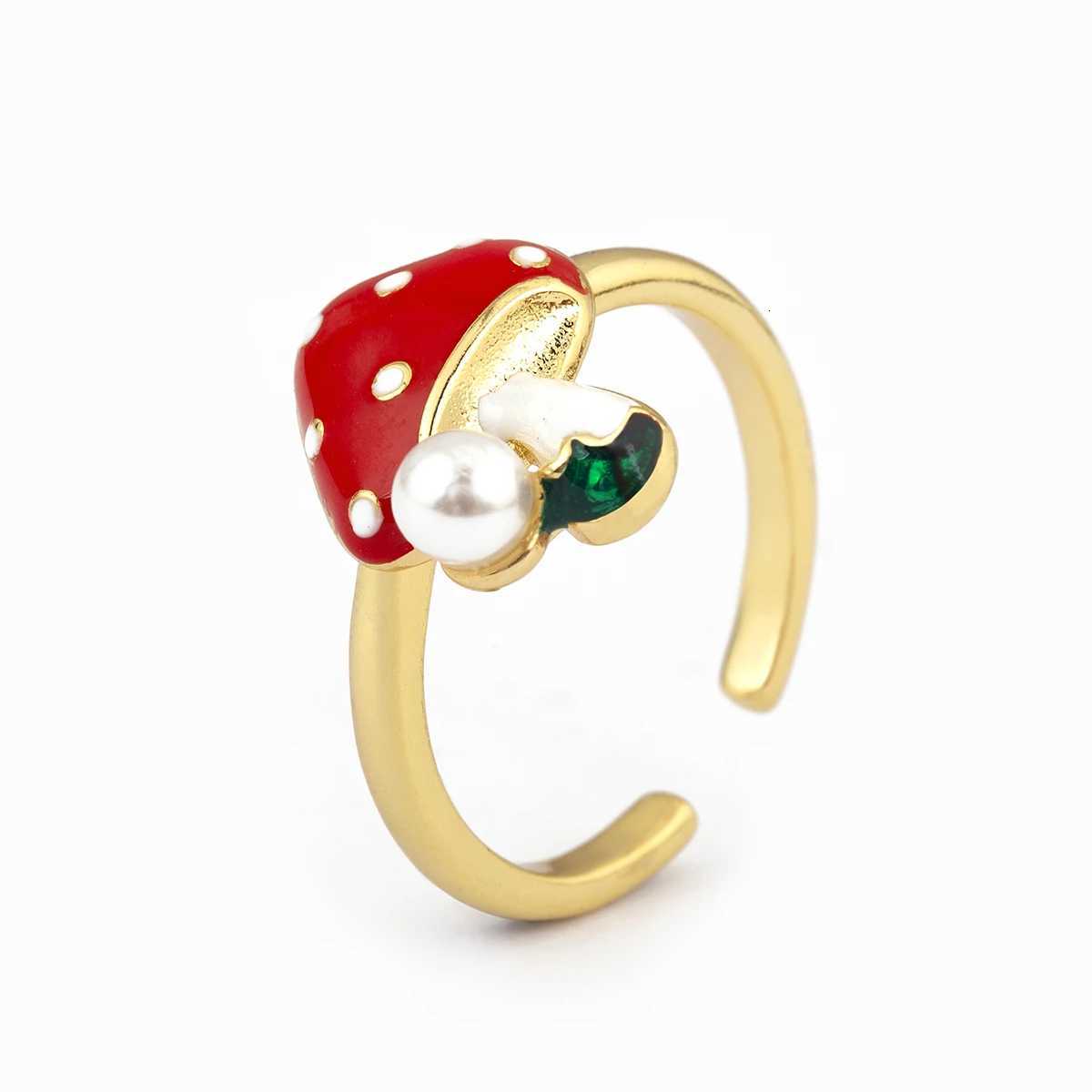 Nidin New Style Mushroom Shape Inlaid Zircon Pearl Enamel Drip Opening Adjustable Rings For Women Girl Cute Sweet Finger Jewelry M251215