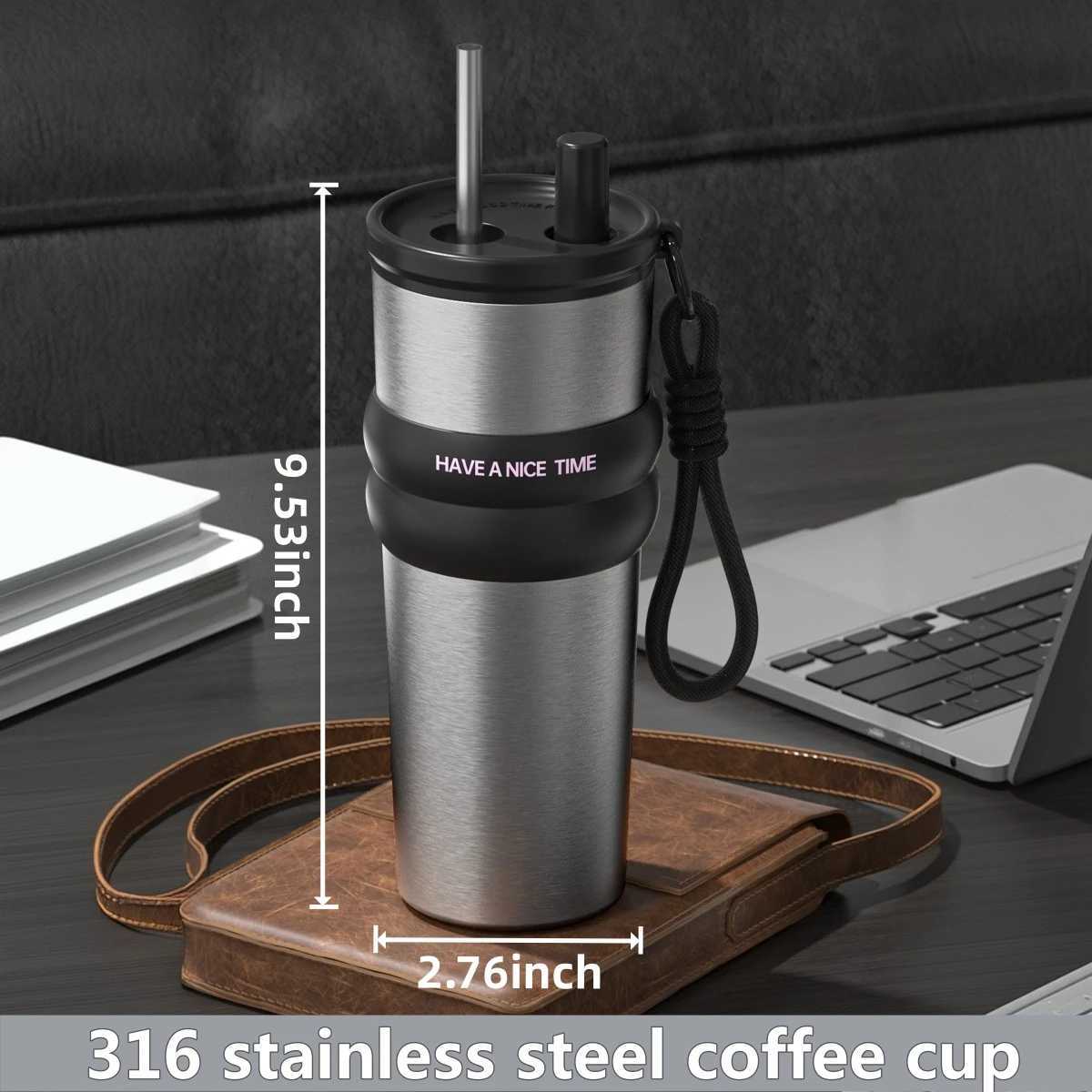 24oz Large Capacity Portable Car Cup Stainless Steel Thermos Cup with Straw Handle Travel Sports Water Bottle Vacuum Flask H251215