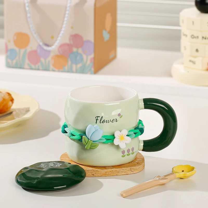 Girls Household Lovely Flower Ceramic Cup with Lid Spoon Advanced g Tip Cup H251215
