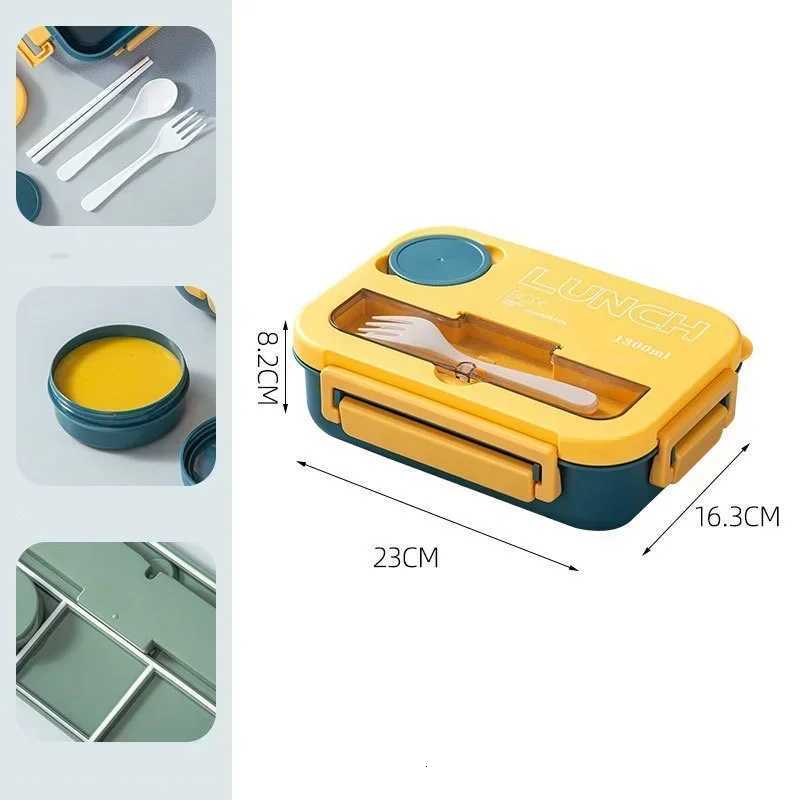 1300ML Portable Lunch Box with Sauce Box Fork and Spoon Microwave Food Cpartment Storage Container Kids Student Bento Box H251213
