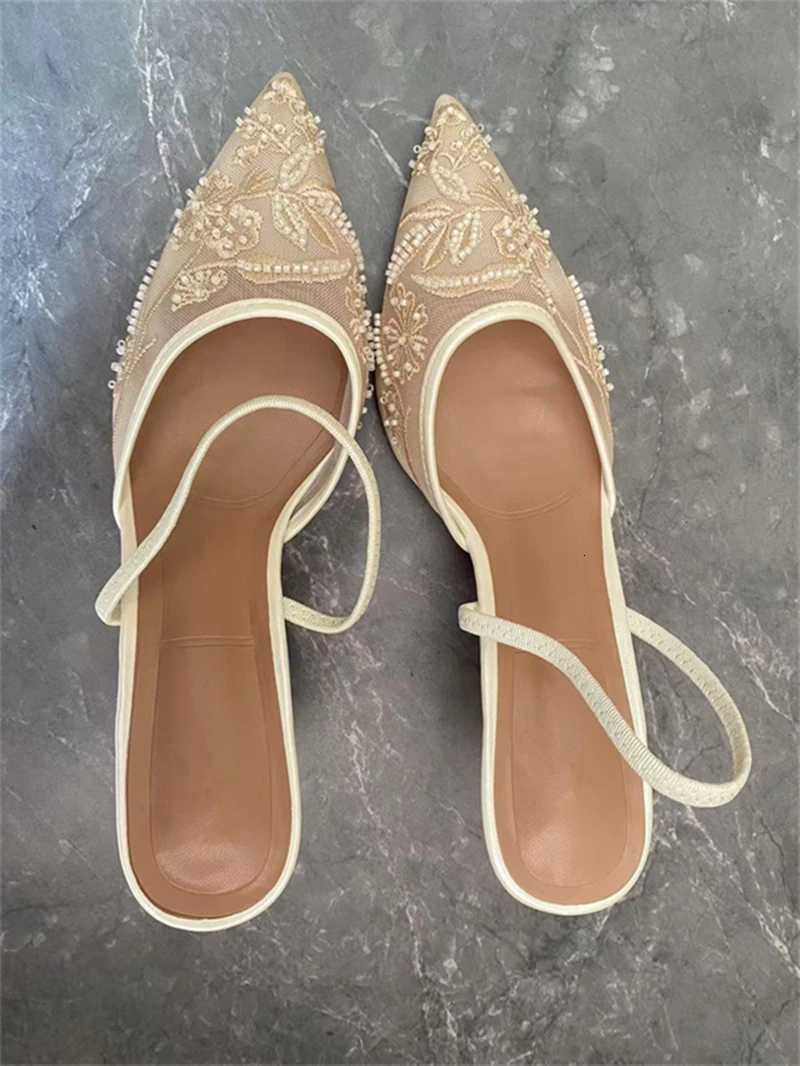 Womens Mesh Floral Embroidered Slingback High Heels Female Open Heel Pearl Studded Pointed Toe Sandals Sexy Stiletto Lady Mules Z251211