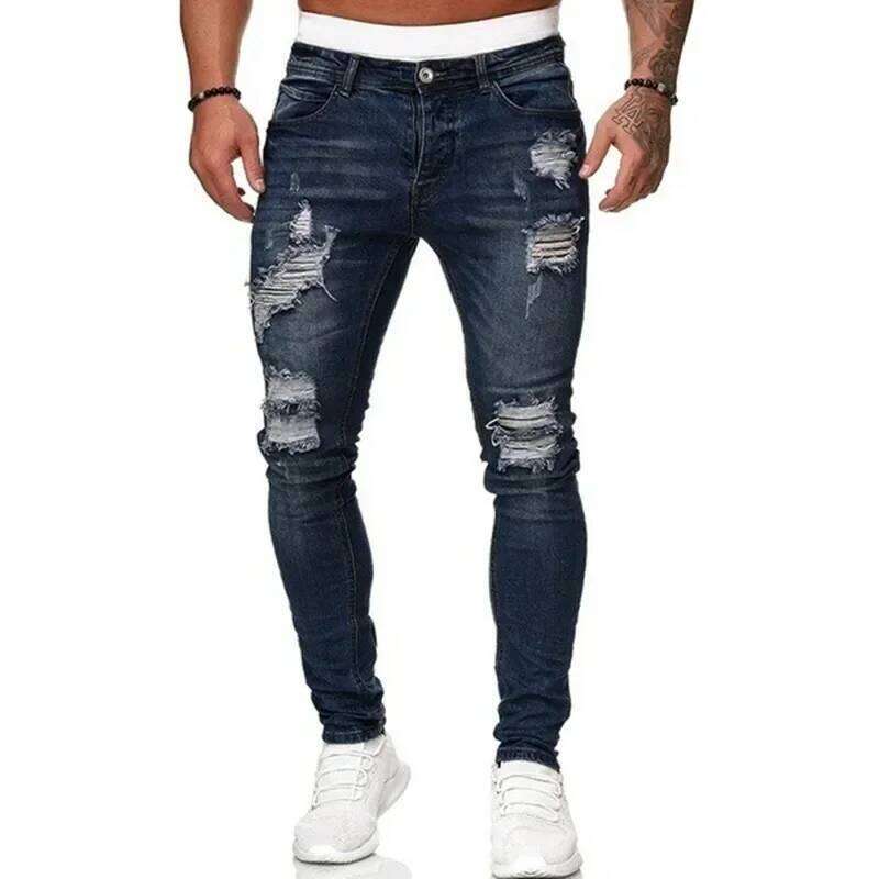 Sale Fashion Streetwear Ripped Skinny Jeans Men Vintage Wash Trouser Male Casual Slim Elasticity Denim Pants Hot C251215