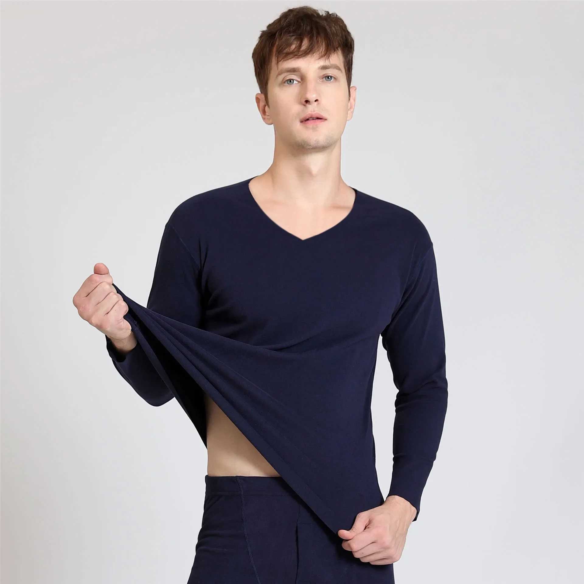 1pcs Autumn Winter Seamless Mens Long-sleeved Thermal Underwear Man Plus Size V-neck Thin velvet Autumn clothes Tops XL-7XL G251215