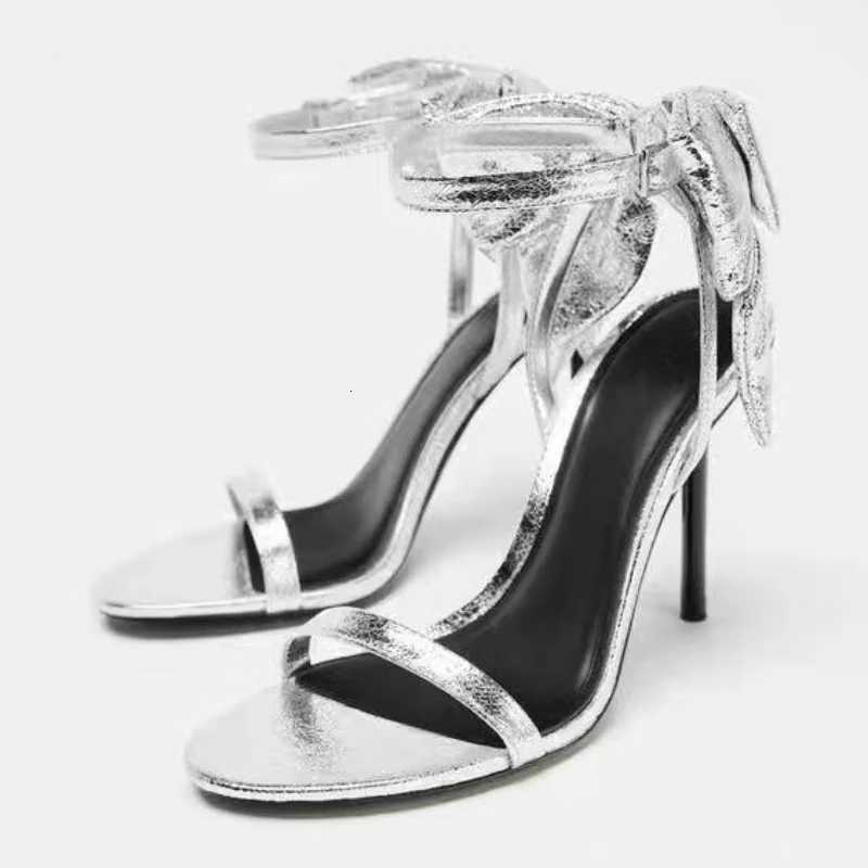 Elegant Bow Embellished Branded Heeled Sandals Women Silver Ankle Buckle Designer Shoes Luxury Wedding Bridal Shoe Zapatos Mujer Z251211