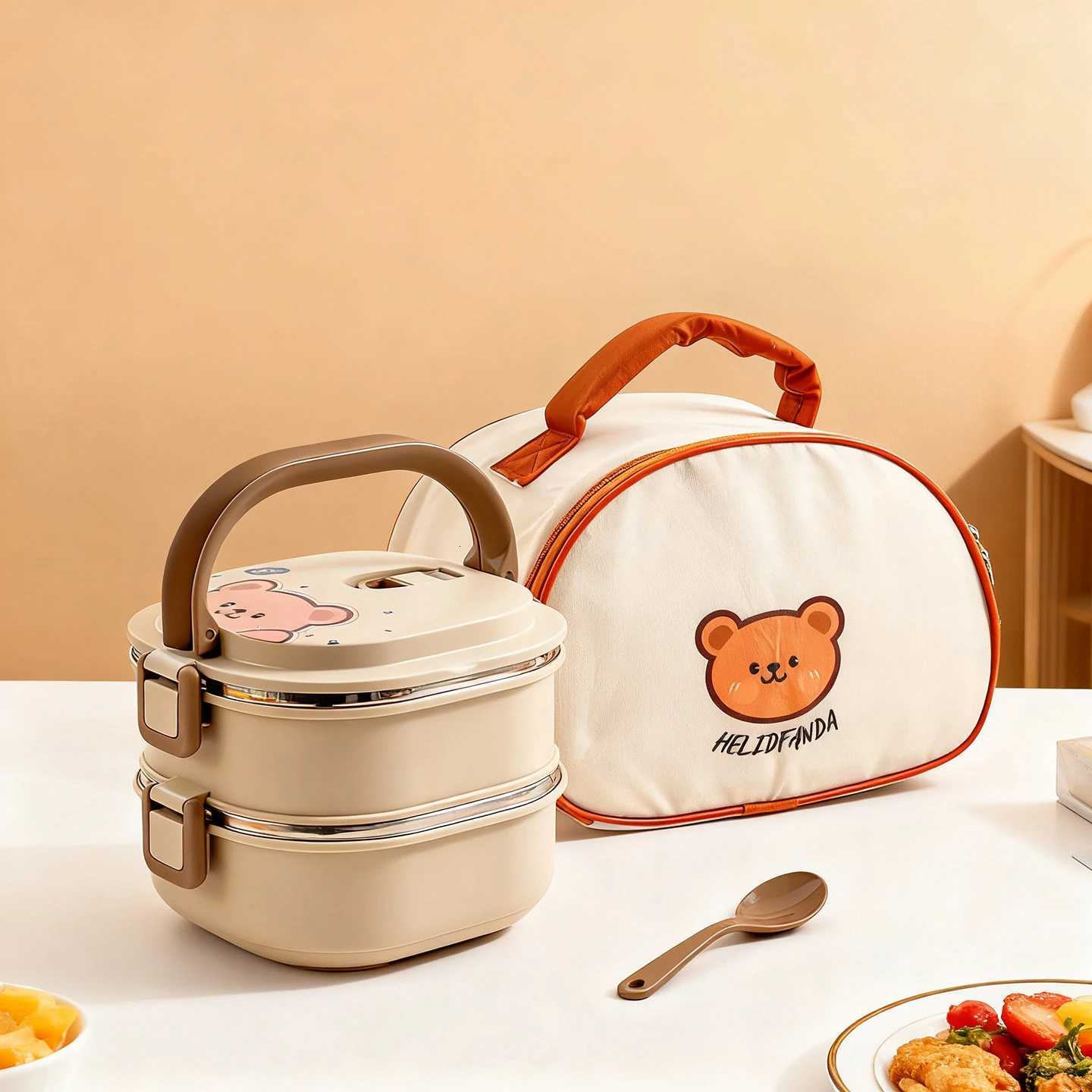 WORHTBUY Cute Square Insated Food Container With Spoon Portable Large Capacity Stackable 304 Stainless Steel Lunch Box For Kid H251213