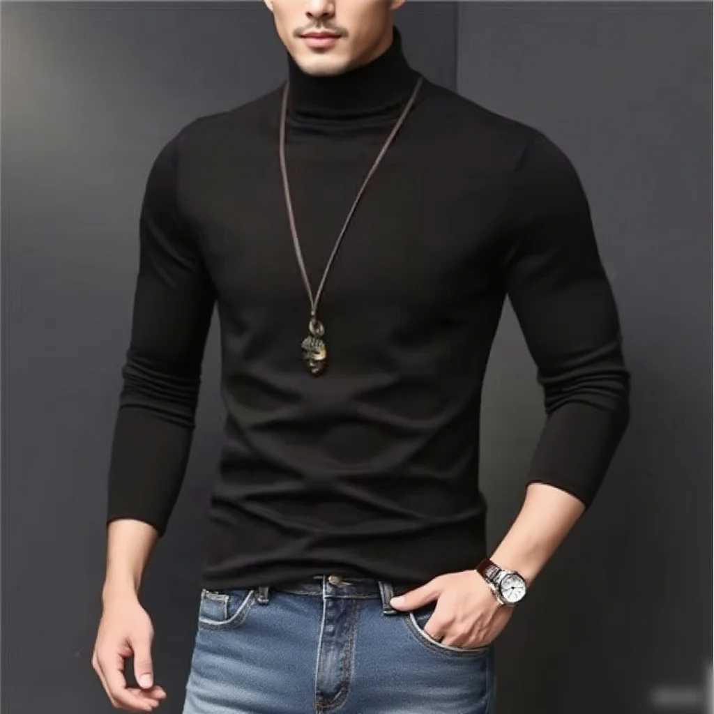 2026 New Autumn Winter Mens High Neck T-shirt Slim Fit Fashion High Elastic Long Sleeve Casual Breathable Apparel Pullover G251215