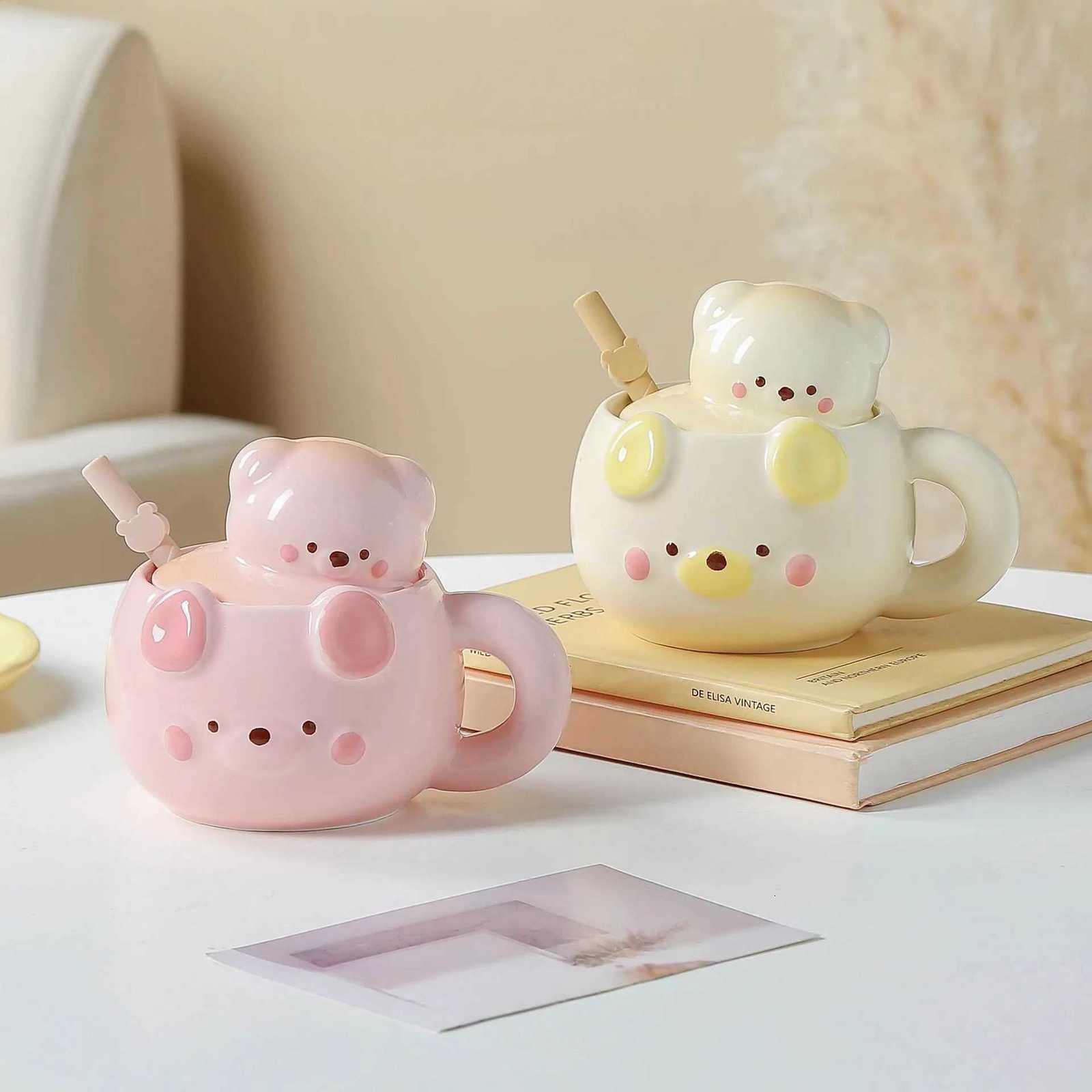 Cartoon Pig Bear Shaped Coffee g With Lid And Silicone Straw Ceramic Kids Water Cup Porcelain gs H251215