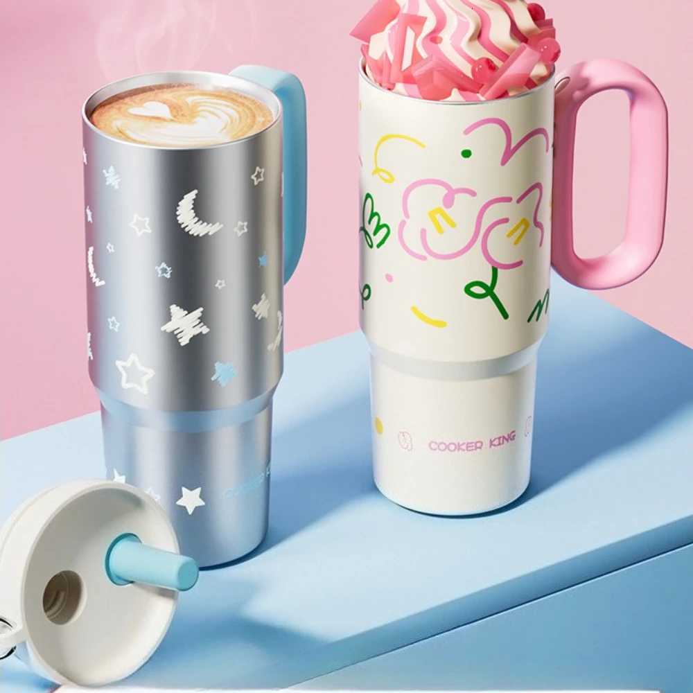 COOKER KING Large-capacity Thermos Cup Female Ice Cup Giant New High-value Car Straw Cold Water Cup Stainless Steel Water Bottle H251215