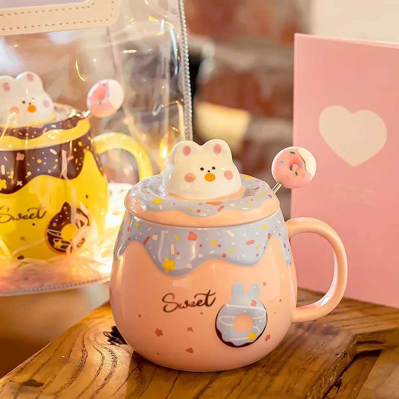 Cute Doughnut gs with Lid and Spoon High Appearance Ll Girls Coffee Cups He and Off Creative Ceramic Drinking Cups H251215