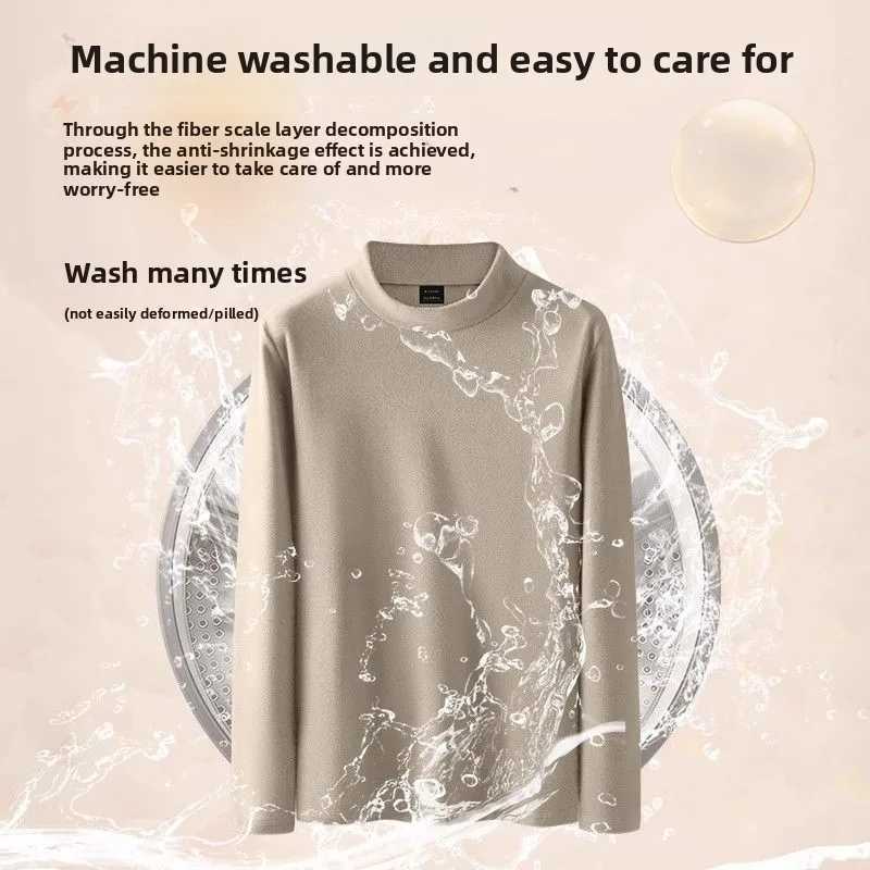 Double-sided Fleece-lined Autumn/winter T-shirt for Men Long-sleeved Half-high-neck Thermal Base Layer Warm Innerwear Top G251215