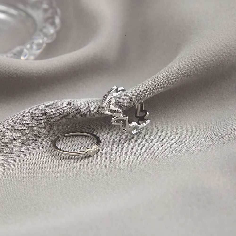 Silver Color Hollowed Heart Shape Open Ring Set Design Cute Fashion Jewelry For Women Girl Gifts Adjustable Birthday Party M251215