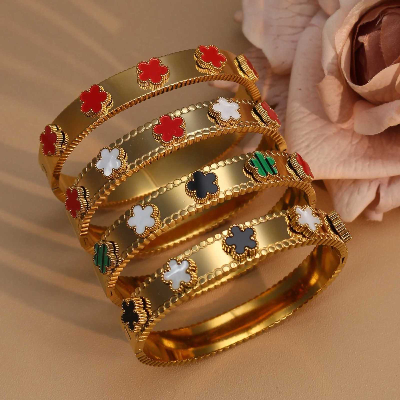 Fashion Acrylic Flower ShAPe StainlESS Steel Gold Color For Women Womens Bangles Wedding Wholesale Gifts M251215