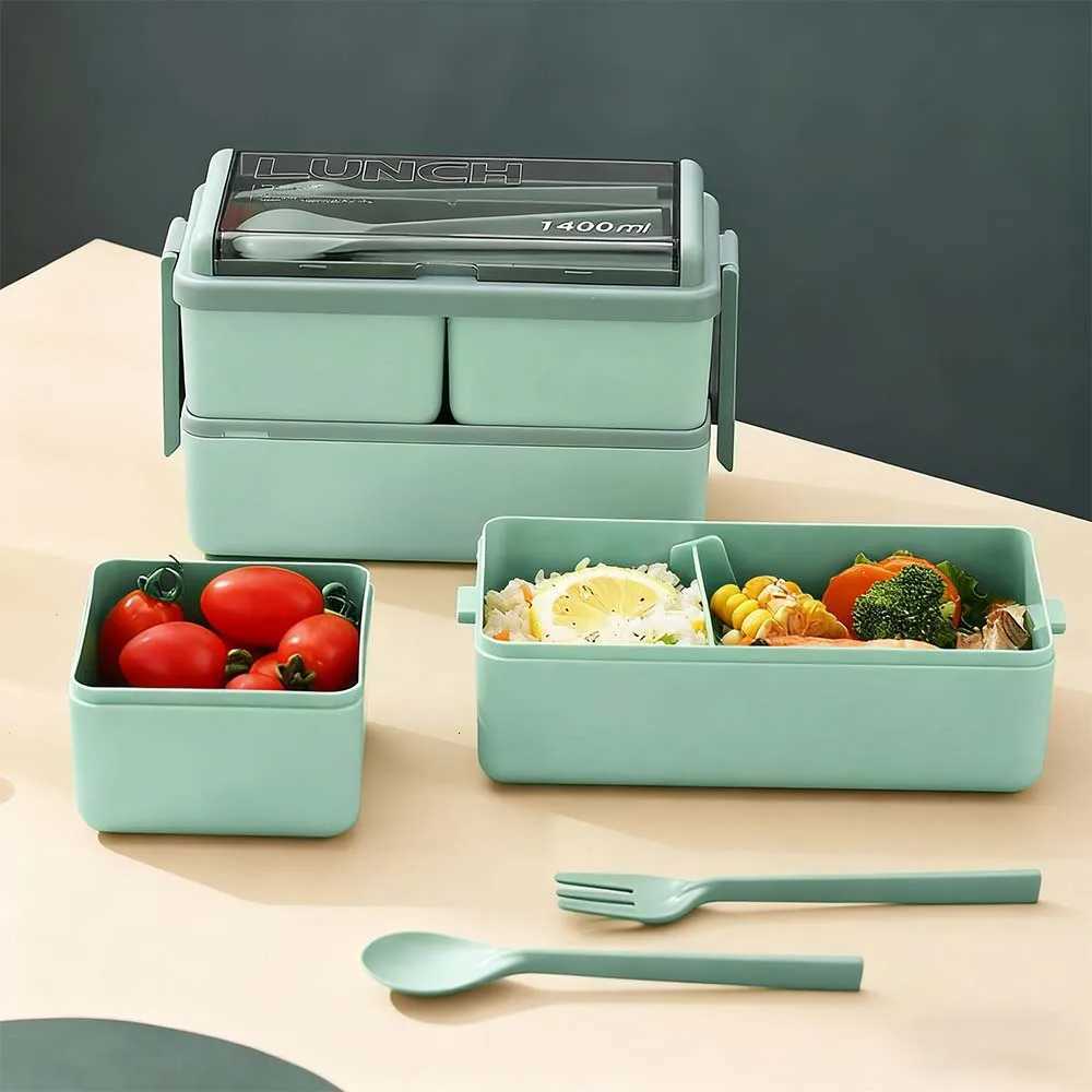 Double layered lunch box with fork and spoon stackable suitable for microwave heating suitable for students and off worker H251213