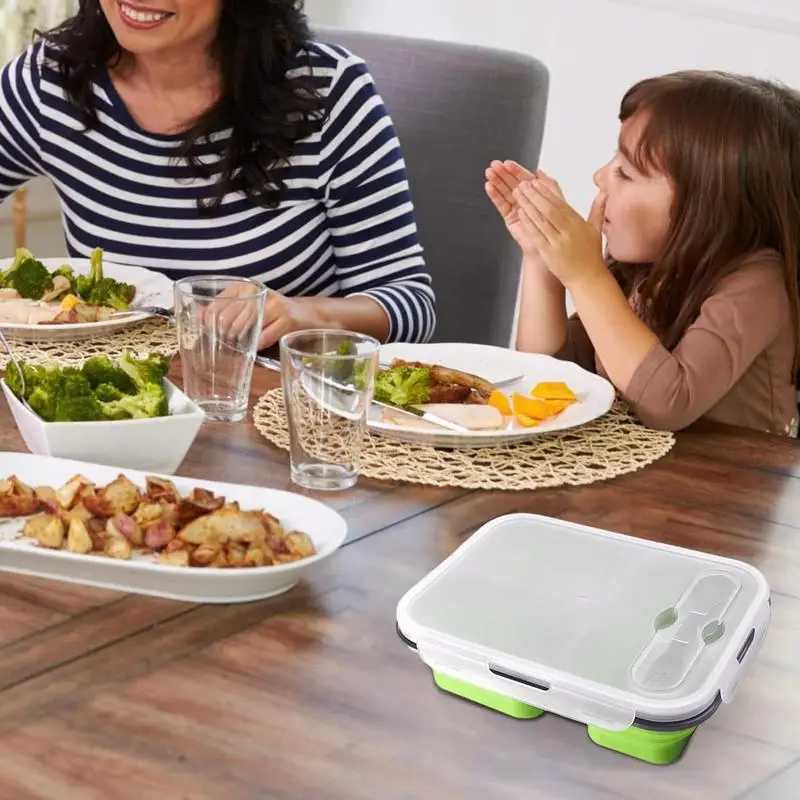 Silicone Bento Lunch Box 3 Cpartment Foldable Lunch Food Container With Spoon Safe In Microwave Dishwasher zer H251213