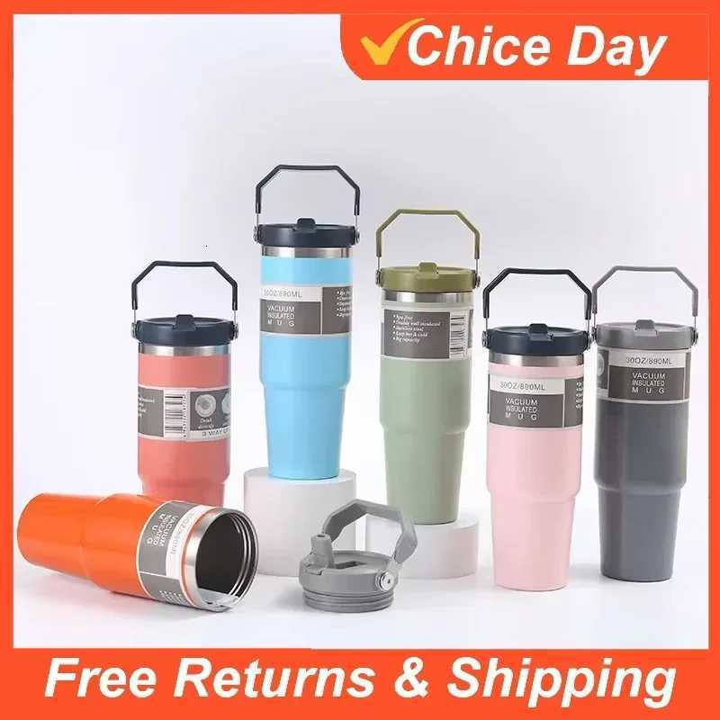 Stainless Steel Thermos Cup with Straw Portable Car Cup Travel Sports Water Bottle Handle Cover Coffee Vacuum Flask 30oz H251215