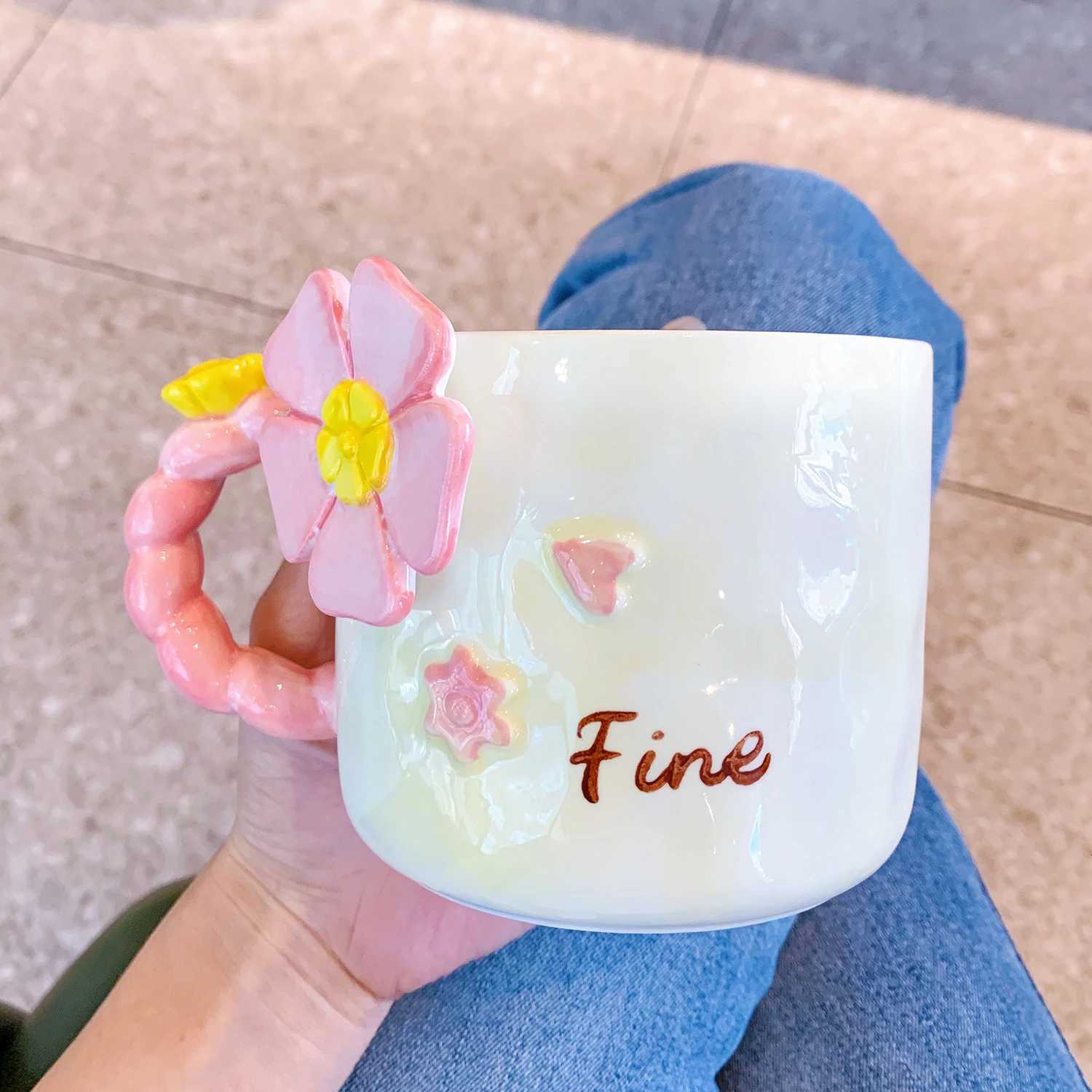 500ml Large Capacity Ceramic g With Spoon Hand Drawn Flower Pattern Blue Water Cup Cute Girl He Off Coffee g H251215