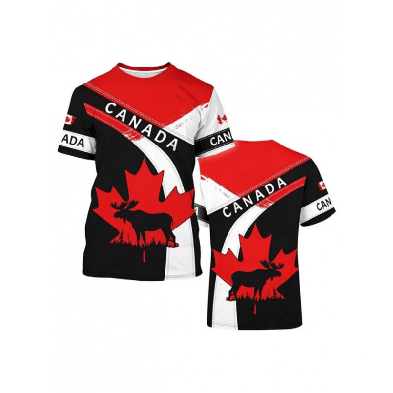 New Canada Men's Harajuku Street Fashion T-Shirt 3D Printed Maple Leaf Deer Pattern Trendy Short Sleeve