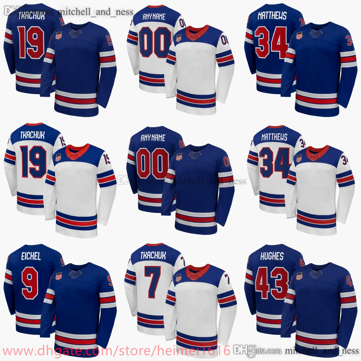 2026 New S-6XL Team USA Ice Hockey 34 Auston Matthews Jersey Embroidery 9 Jack Eichel 19 Matthew Tkachuk 7 Brady Tkachuk 43 Quinn Hughes Royal Home White Away Replica