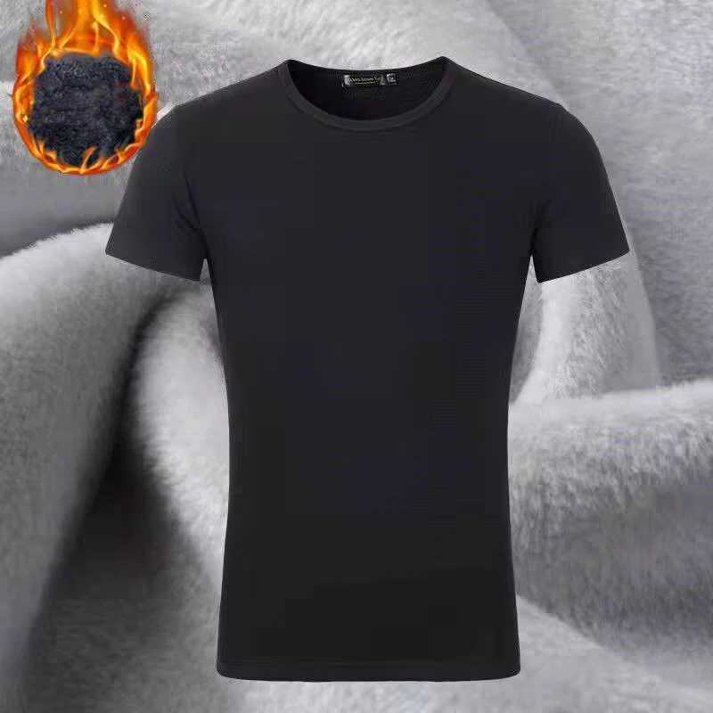 1pcs Mens V-neck Velvet Thermal T-shirts Man Solid Fleece-lined Lined Short Sleeves Tee Male Round-Neck Base Layer Pullover Tops G251215