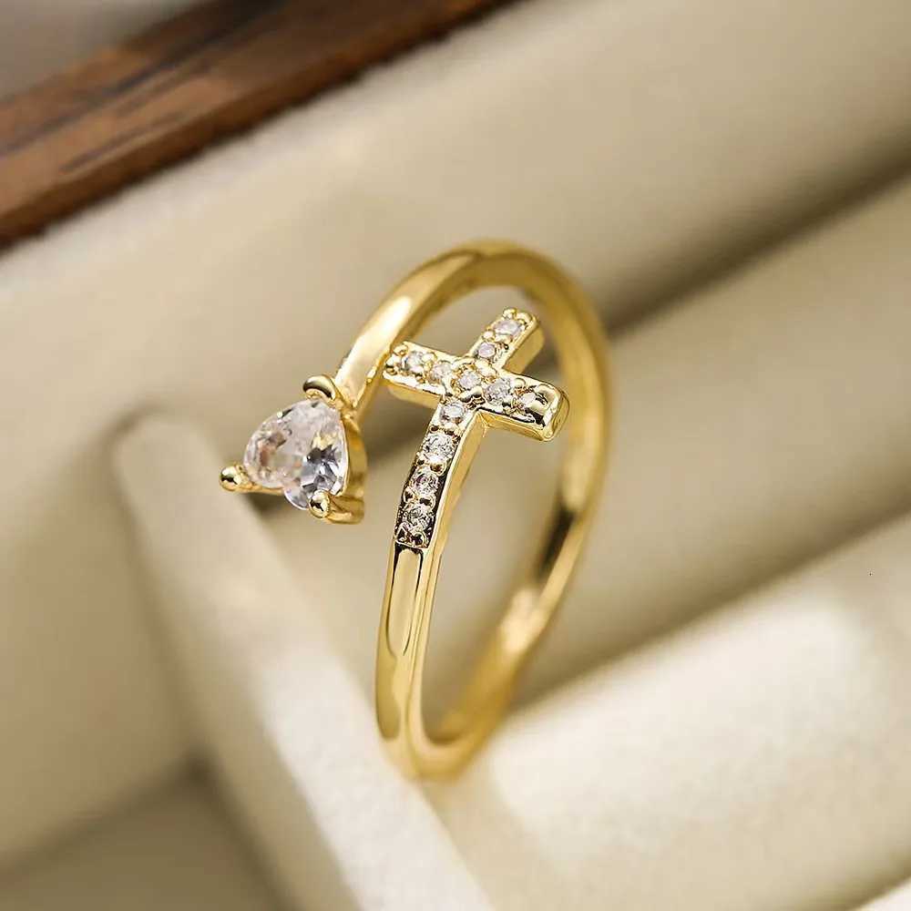 CZ Cross Heart Zircon Gold Plated Adjustable Size Fashion Ring For Women Girl Finger Accessories Party Jewelry M251215