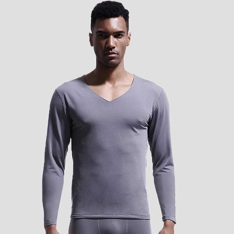 Mens Seamless Thermal Undershirt - V-Neck Fleece-Lined Warm Base Layer Slim Fit Thin Cotton Shirt for Winter G2512151