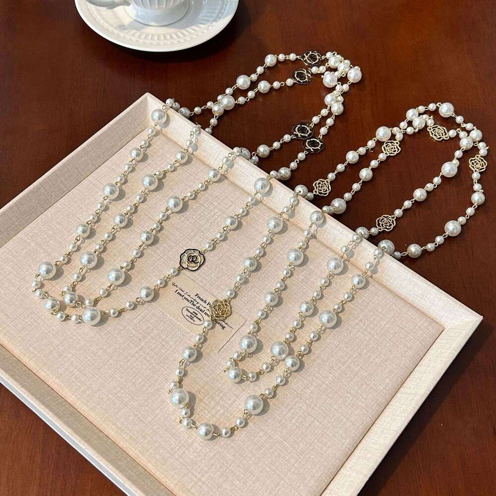 Necklace for Women Designer Luxury 2026 Long Camellia Pearl Necklace Niche High-End Multi-Layer Stacking Sweater Chain Accessory