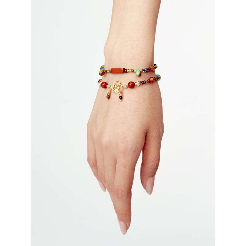 DHcollections Dunhuang Original S925 Gold-Plated Bracelet | Chinese Agate Bead String | Retro Red Brown Ethnic Style Animal Charm Bracelet