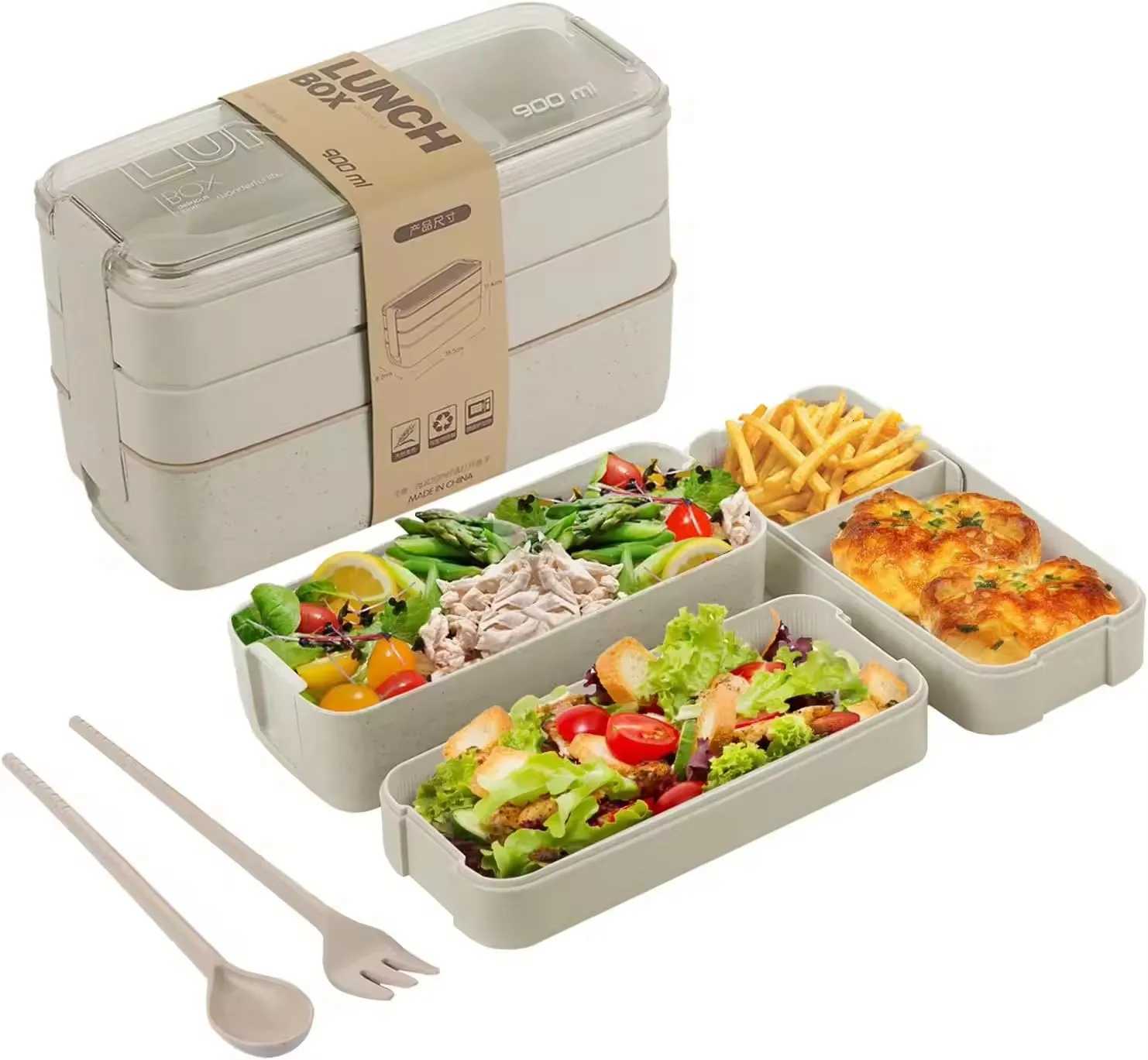 3-In-1 Cpartment Wheat Straw Bento Box Reusable Tableware Lunch Containers Meal and Snack Food Containers Portable Lunch Box H251213