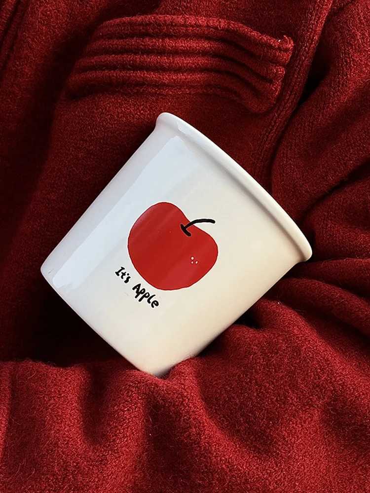 350ML Red Apple Coffee gs Simple Handdrawn Ceramic Cup Retro No Banana g Family Children Water Cup With Spoon Couple Gift H251215