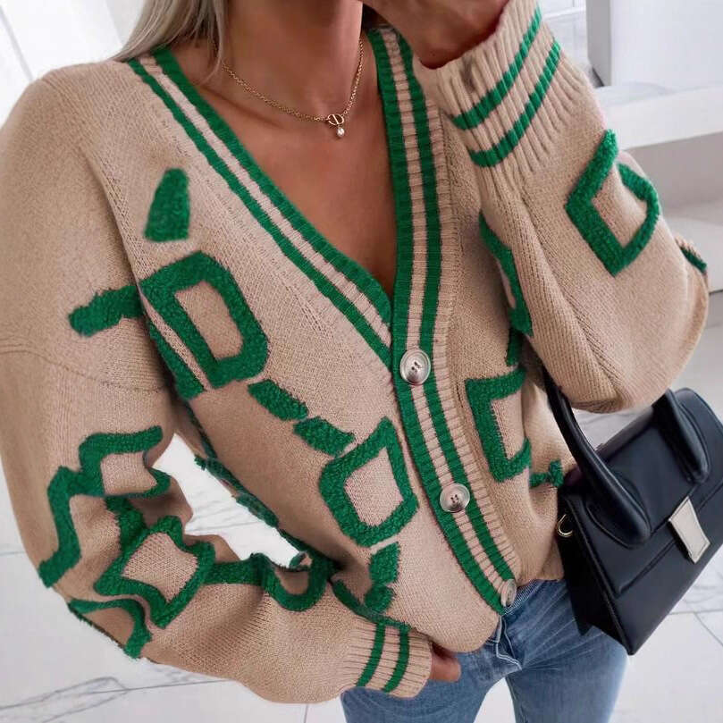 Autumn Winter Jacquard Knitted Coat Women Fashion V-neck Long Sleeve Single Breasted Knitting Cardigan Coats Female Streetwear