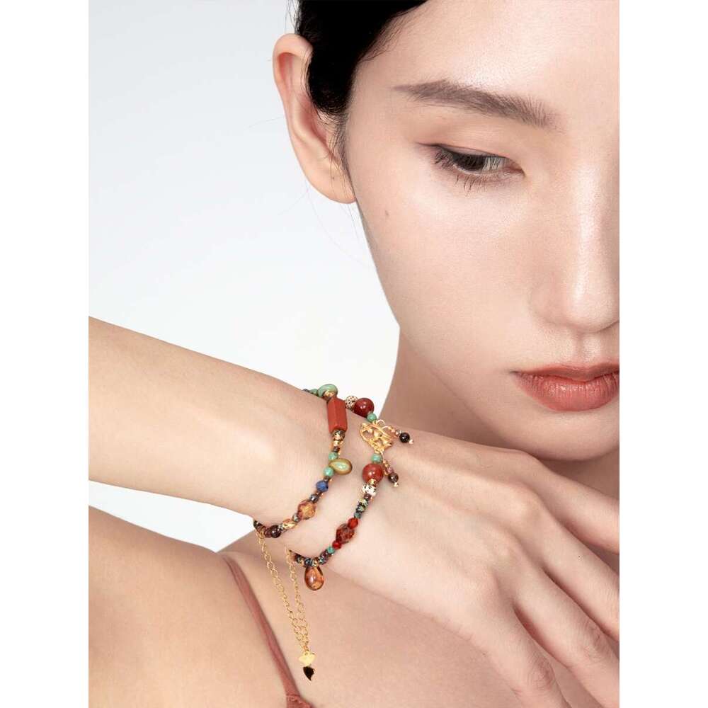 DHcollections Dunhuang Original S925 Gold-Plated Bracelet | Chinese Agate Bead String | Retro Red Brown Ethnic Style Animal Charm Bracelet