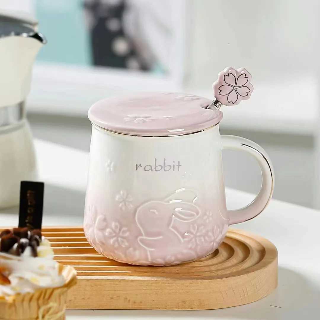 Rabbit Sakura Pattern Ceramic Tea Coffee Cups Ju Breakfast gs Simple He Handheld Type Milk Coffee gs He Accessories H251215