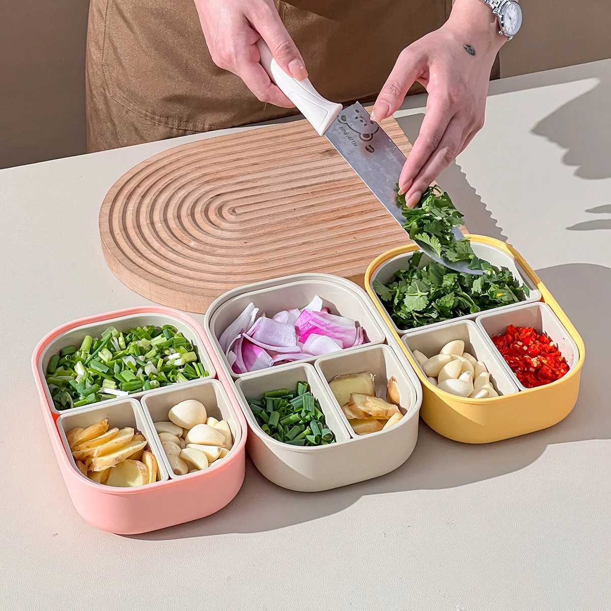 Refrigerator Storage Box With 3 Cpartment Scallion Ginger Garlic Storage Container Sed Meat Box Kitchen Organizer H251213