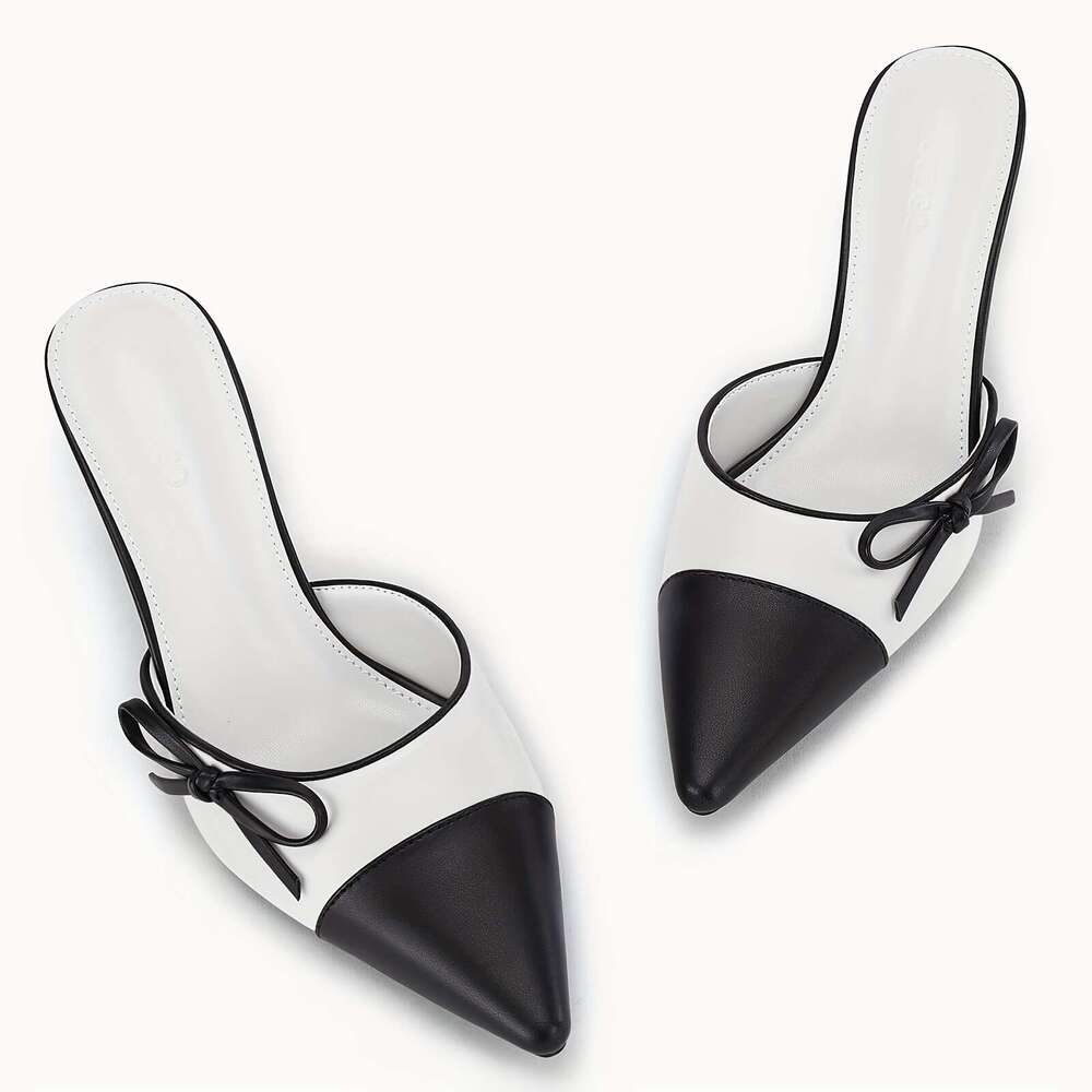 Womens Bow Tie Mules Heels Two Tone Closed Pointed Toe Slip On Backless Wedding Dress Shoes Pumps
