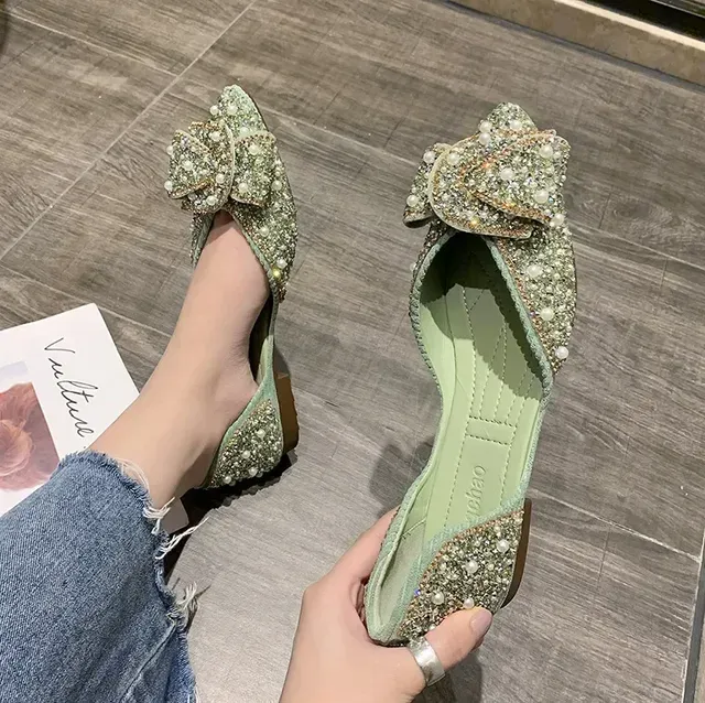 Women's slippers Korean version flat sole single shoes women's spring and summer new style shallow mouth pointed soft sole bow tie rhineston