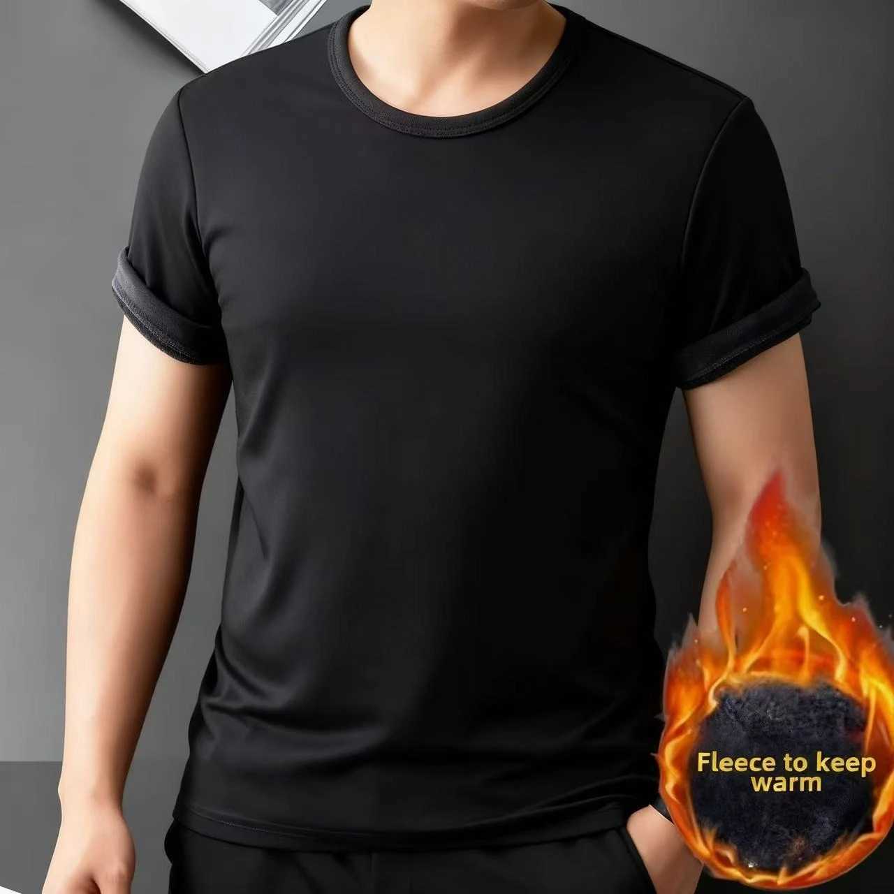 Winter Men Thermal Underwear T-shirt Fleece Thickened Short Sleeve Slim Round Neck Bottom Shirt Velvet Comfortable Top G251215