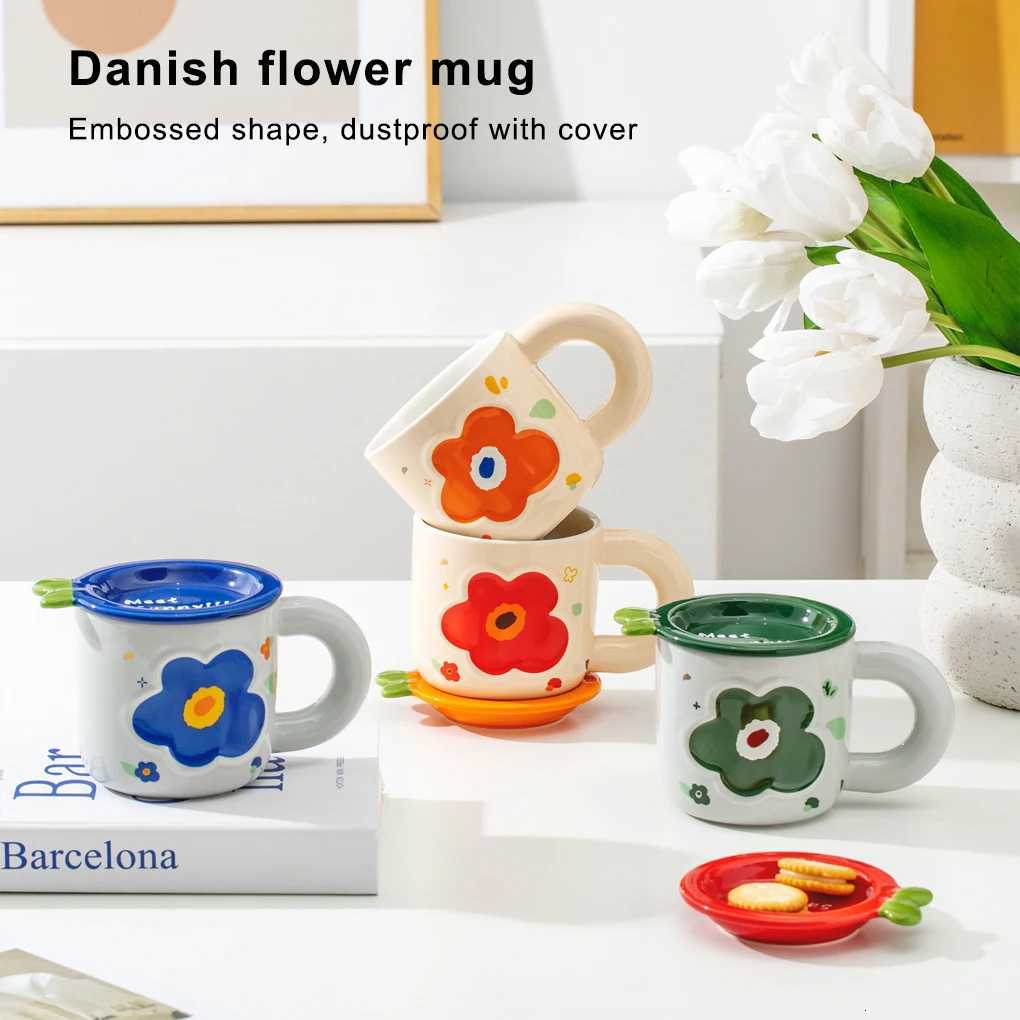 g Ceramic Lid Coffee gs Flower Pattern Breakfast Cup Handle Restaurant Kitchen Off Teacups Drinking Supplies Red H251215
