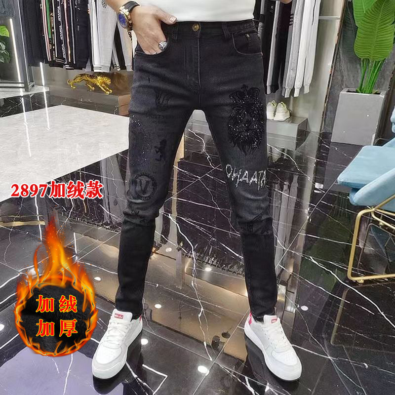 Mens Broken Hole Black Drill Pencil Jeans Slim Men Street Punk Denim Pants Classic Cowboys Skinny Young Man Biker Trousers 240318
