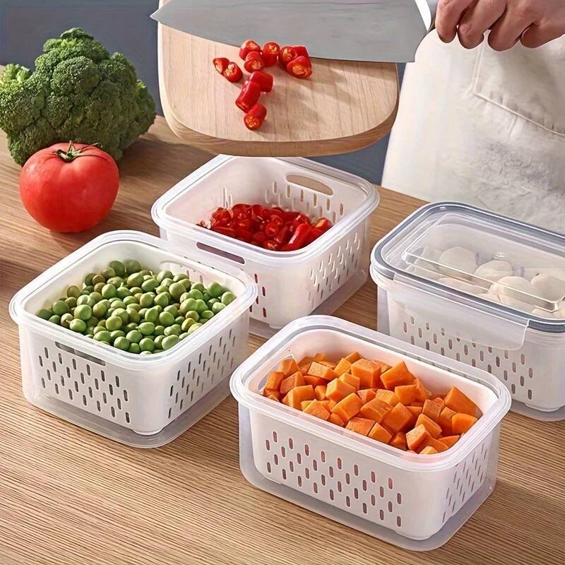 Fridge Food Container Set Lids With Strainer,Plastic Fresh Produce Saver Vegetable Fruit Meat Storage Organization