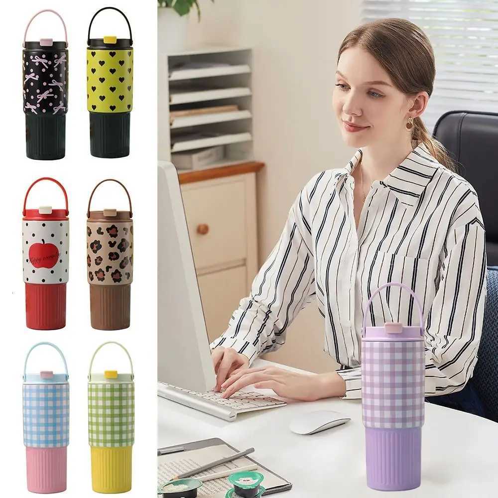 800ML Stainless Steel King Cup Bow Love Grid Print Insulation Or Cooling Vacuum Straw Cups With Handheld Insulated Cup Gift H251215