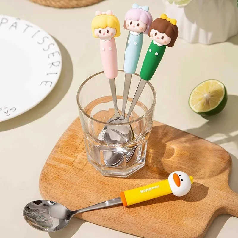 Disney Cute Cartoon Girls Spoon Fork Set Kids Tableware 304 Stainless Steel Cutlery Set with Silicone Handle Childrens Tableware H251215