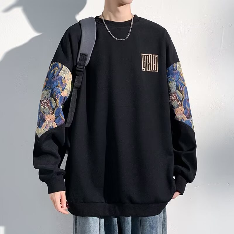 Men's New Autumn Chinese Style Hoodie, Traditional Chinese Trend Embroidered, Plus Size, Unhooded Crew Neck, Inner Wear, Casual Top, Men's C